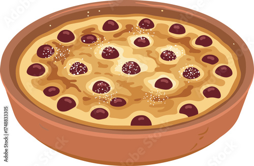 Flat Style Clafoutis Cherry Cake Dessert in Earthenware Baking Dish Illustration