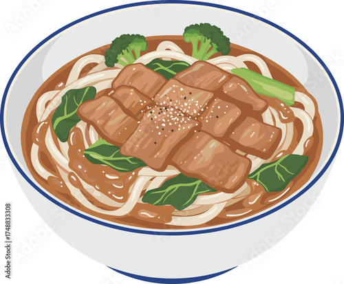Detailed Flat Illustration of Udon Noodle Soup with Pork Belly