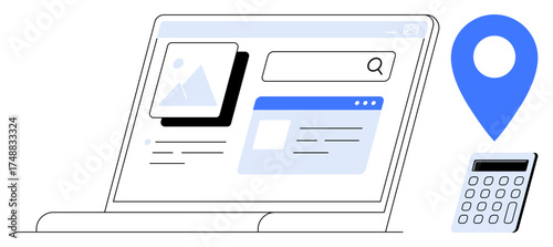Laptop interface showing search bar and image gallery beside location marker and calculator. Ideal for technology, navigation, productivity, business, creativity, finance, education. Simple flat