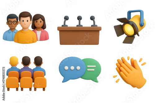 3D Panel Discussion Icons. Panel discussion set of icons in 3D color style: group of speakers, table with microphones, spotlight, audience seating,