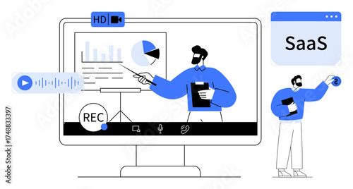 Team member presenting analytics via screen sharing with charts, recording options, and SaaS tools. Ideal for remote work, business strategy, tech innovation, team building, SaaS platforms, data