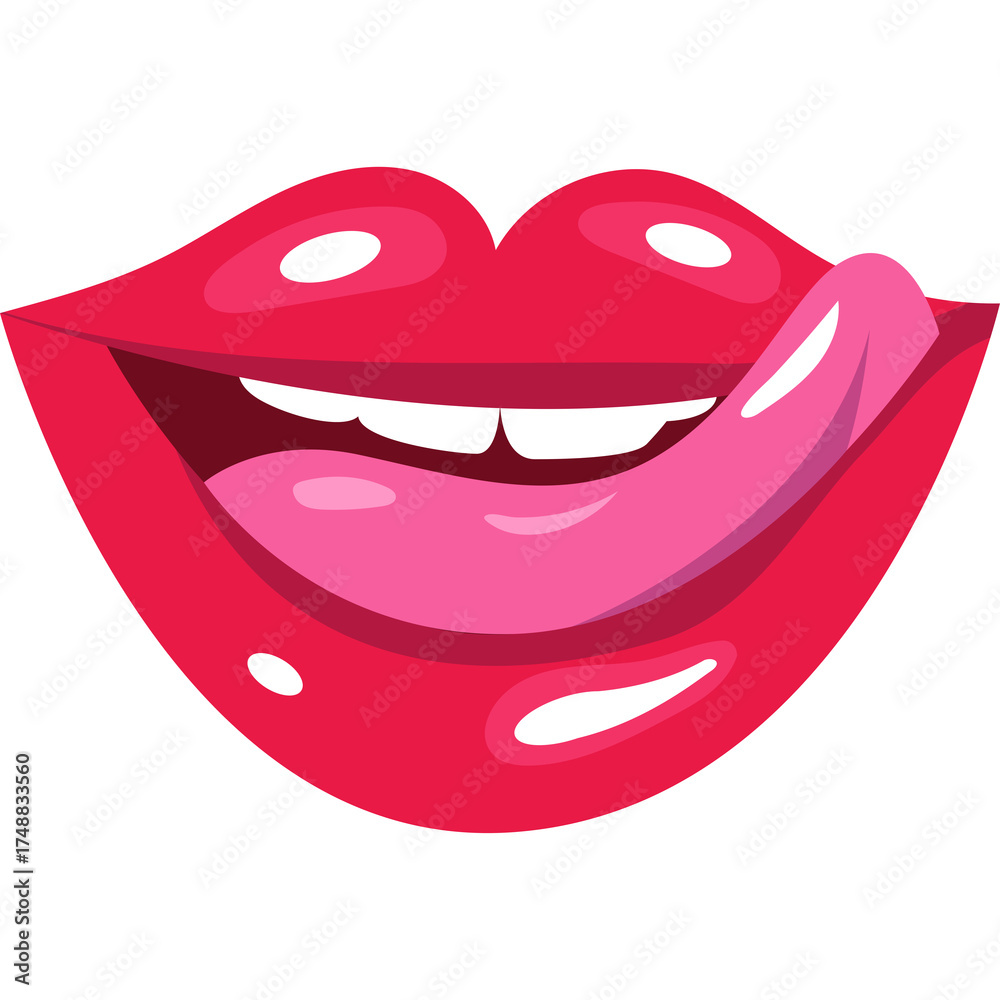 Obraz premium Close up of a woman's shiny red lips with pink tongue sticking out sensually against a white background symbolizing desire or expression