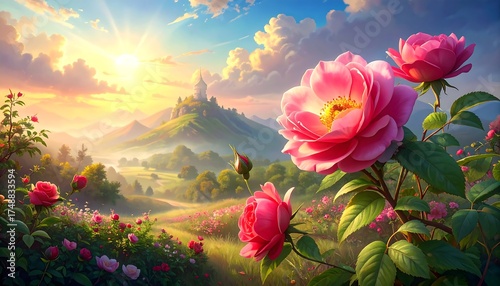 A breathtaking landscape showcases a vibrant rose garden at sunrise, with a majestic castle nestled in the rolling hills.