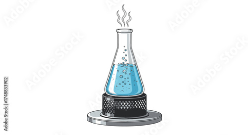 Scientific laboratory experiment showing the process of heating a blue liquid in a conical flask on a hot plate until it boils and creates steam