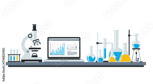 Modern laboratory workspace with microscope, laptop showing data analysis, and chemical glassware for scientific research and experimentation