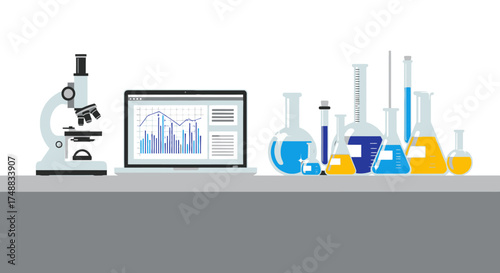 Scientific laboratory workspace concept with microscope, laptop displaying data charts, and chemical glassware for research and analysis
