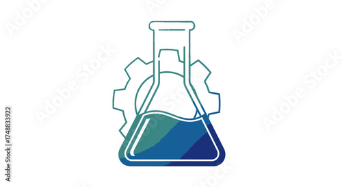 Concept of chemical engineering and industrial science represented by a laboratory flask and cogwheel icon on a white background