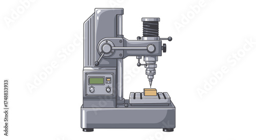 Vector illustration of an industrial drill press machine used for precision workshop tasks on a white background