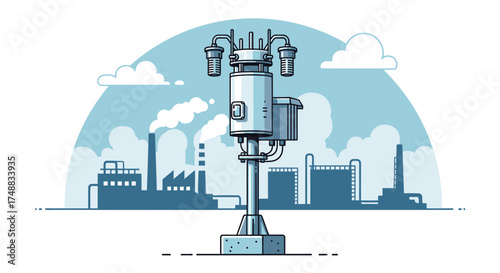 Illustration of an air quality monitoring station with a factory and industrial plant in the background, concept of environmental pollution