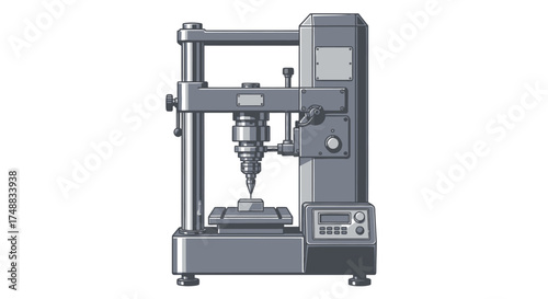 An isolated pixel art illustration of an industrial precision press machine used for material hardness testing and analysis