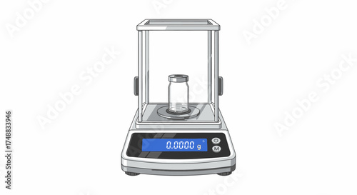 Vector illustration of a high-precision digital analytical balance with a glass vial for scientific laboratory research and measurement