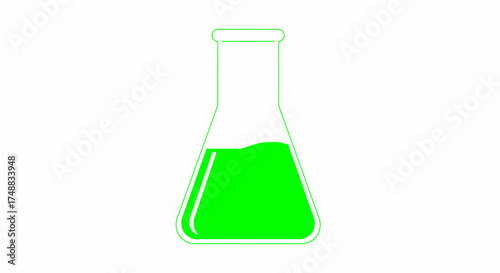 Minimalist line art illustration of a laboratory Erlenmeyer flask with a green chemical solution, a vector icon for science, research, and chemistry experiments