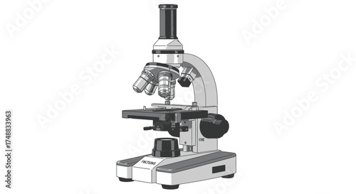An isolated line art drawing of a biological microscope, a symbol of scientific precision, detailed study and the exploration of knowledge