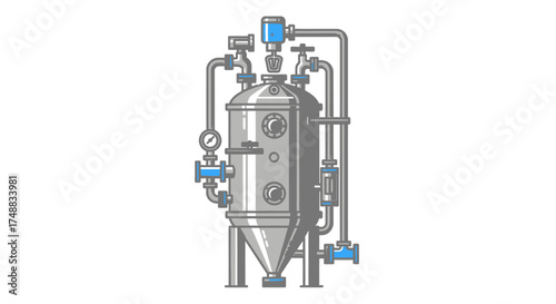 A detailed illustration of an industrial stainless steel pressure vessel with a complex system of pipes, valves, and gauges for fluid filtration