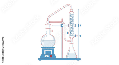 A simple vector line art illustration of a laboratory distillation apparatus with glassware for a chemical separation experiment