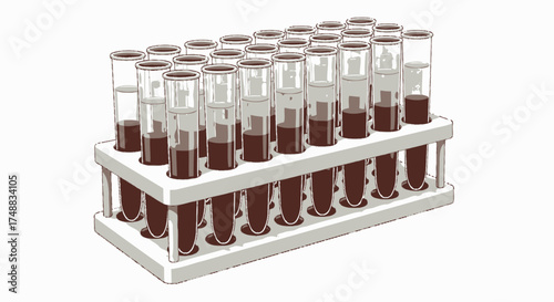 A rack filled with test tubes containing a dark red liquid, possibly blood samples in a laboratory setting.