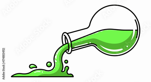 A cartoon illustration of a chemistry laboratory flask pouring out a vibrant green liquid, symbolizing a science experiment, chemical reaction, or a magical potion