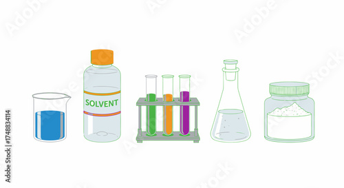 A collection of colorful laboratory glassware and chemical reagents illustrating a scientific research concept on a white background