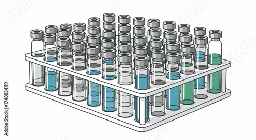Array of organized laboratory vials in a rack, symbolizing scientific discovery, medical testing, and pharmaceutical innovation