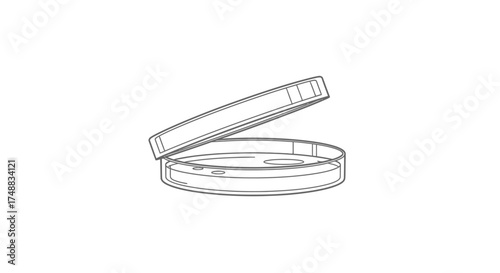 Simple black and white line art icon of an open petri dish, a symbol for scientific research, laboratory experiments, and microbiology analysis