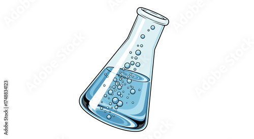 Scientific research concept showing an Erlenmeyer flask with a bubbling blue liquid, symbolizing a chemical reaction or experiment