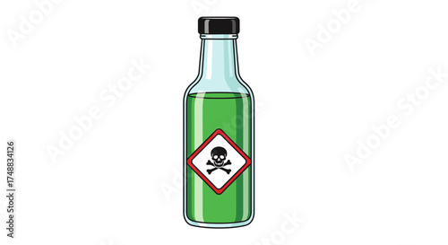 Illustration of a clear glass bottle filled with green liquid, featuring a poison symbol on its label.