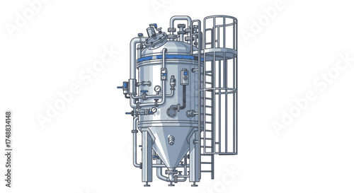 Illustration of a large, complex industrial tank with pipes, valves, and a side ladder, set against a white background.