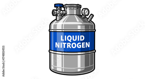 Illustration of a silver container with a blue label reading "Liquid Nitrogen," featuring valves and a pressure gauge.