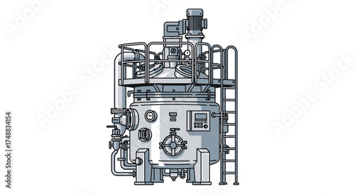 Illustration of a large industrial mixing tank with pipes, gauges, and a ladder, set against a white background.