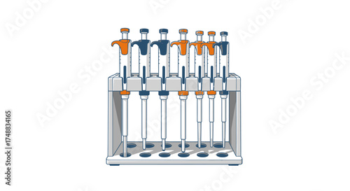 Vector illustration of a laboratory pipette rack with a set of adjustable volume micropipettes used for scientific research and analysis