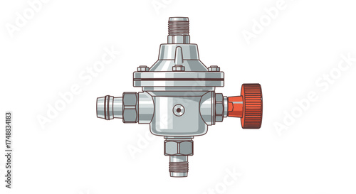 Detailed illustration of a metallic pressure regulator with a red adjustment knob, set against a plain white background.