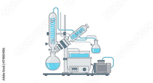 Illustration of a rotary evaporator with a round-bottom flask, condenser, and receiving flask, filled with blue liquid.