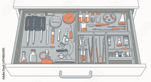 An open drawer filled with various laboratory equipment, including flasks, pipettes, a microscope, and other scientific tools.