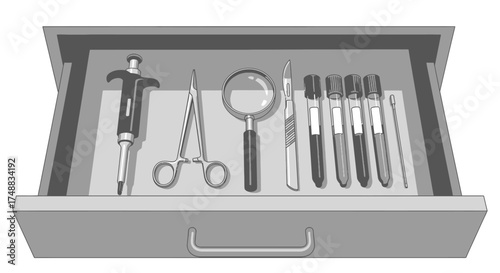 Monochrome illustration of a laboratory drawer with essential tools for medical research, blood analysis, and scientific investigation
