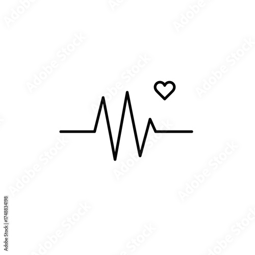 Heartbeat line with heart symbol, simple black and white graphic.