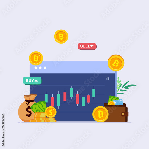 Cryptocurrency trading and growing concept flat illustration vector template, Bitcoin rising, Stock exchange scene with computer, Crypto investment strategy