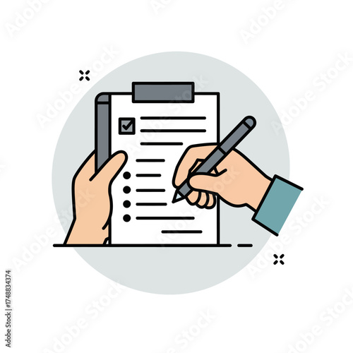 Hands filling out a checklist on a clipboard with a pen.
