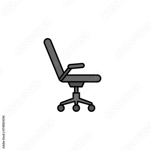 Illustration of a gray office chair with armrests and wheels.