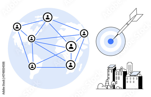 Connected network nodes over a globe, dart hitting a target, eco-friendly city. Ideal for collaboration, communication, efficiency, strategy, sustainability teamwork progress. Simple flat metaphor