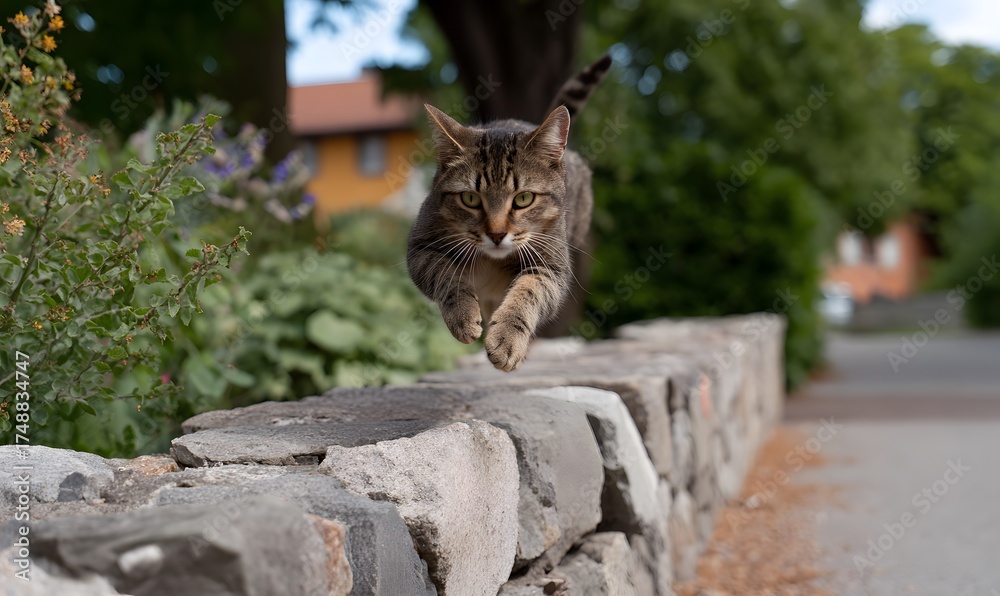 Obraz premium a brown cat jumping over a wall and feeling happy