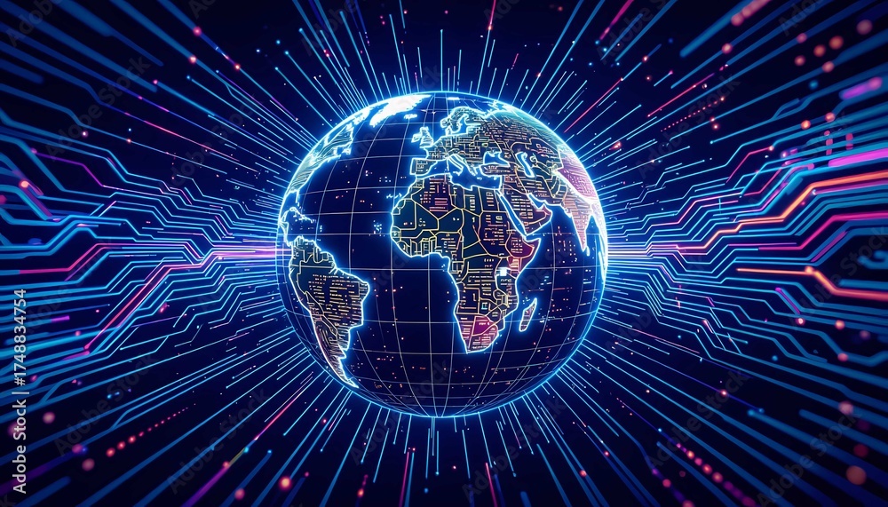 Obraz premium Futuristic electronic globe powers global digital communication network data flow speed