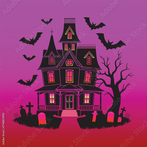 Victorian Haunted House Silhouette with Graveyard, Glowing Windows, Bats, and Spooky Tree on Gradient Background