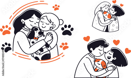 Family cartoon vector drawing of a loving doctor and nurse with a child and a girl with her dog
