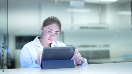 A dedicated female scientist or student in a modern lab coat and goggles looks through a microscope and diligently writes her observations, focused on her scientific research.