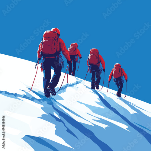 Team of climbers pull rope up snowy slope. , vector style simple color