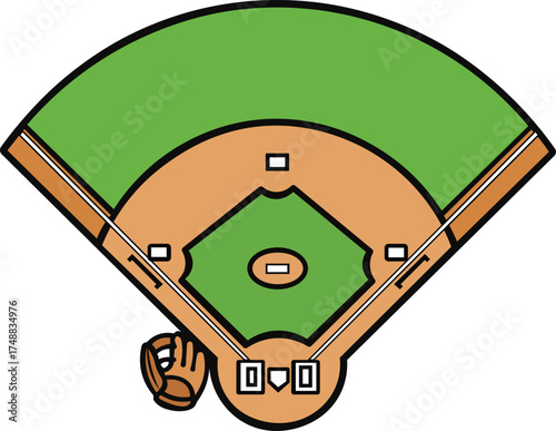 Simplified Baseball Field Diagram with Bases, Outfield, and Glove – Educational Sports Layout Illustration