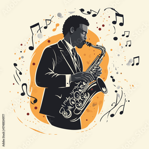 A jazz musician plays saxophone with musical notes swirling around him. , vector style simple color