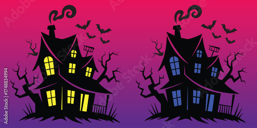 Duo of Cartoon Haunted House Silhouettes with Yellow and Blue Windows, Bats, and Spooky Trees on Gradient Background