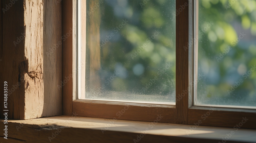 Fototapeta premium Cozy Window View with Natural Light – Rustic Interior Scene, Perfect for Home Decor, Real Estate or Mindfulness Branding.