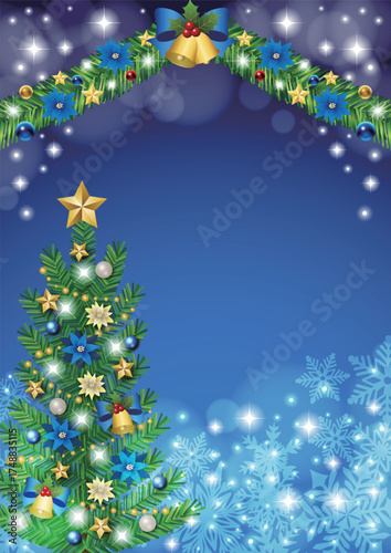 クリスマス背景、ツリーとモール、青、かわいい、イラスト、縦